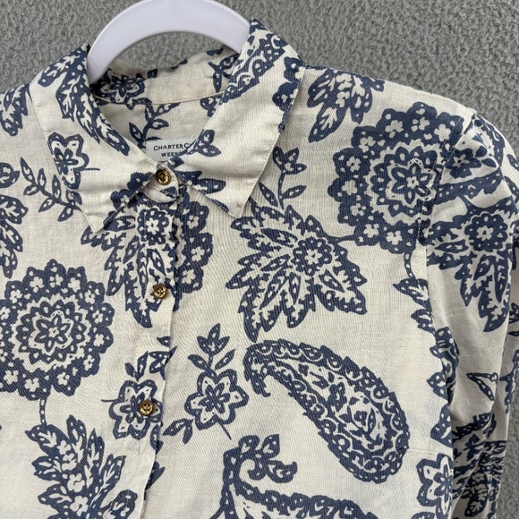 Charter Club Weekend Linen Button Down Shirt Blue Paisley Floral Medium - Picture 12 of 15